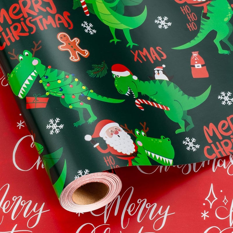 Yarcony Dinosaur Christmas Wrapping Paper, Green Wrapping Paper Roll, Reversible Happy Dinosaur and Santa Claus Dino Christmas Gift Wrap for Kids Boys Men Holiday Present Packaging (17 Inch X 33 Feet) - Image 1